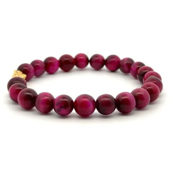 Dyed Tiger's Eye Magenta Stretchable Bracelet Size 7.5 w/ 24K Gold Dragon - Picture 2 of 8